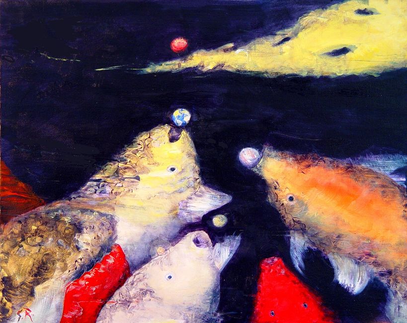 Nebula fish scoring on the tail of a comet in space. 