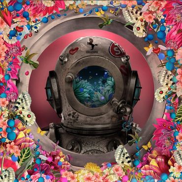 Collage of a diving helmet inside a porthole deep pinks, framed by colorful butterflies and flowers.