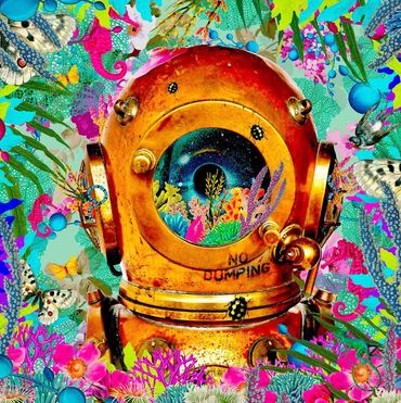Collage of a vintage diving helmet with eye porthole, framed by vibrant tropical flora and fauna.