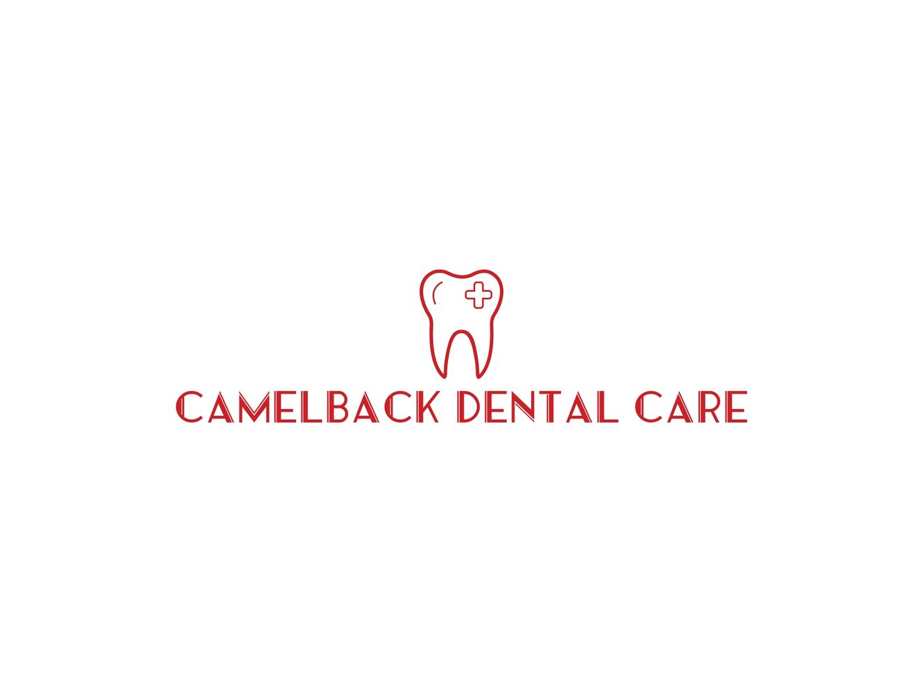 Red dental logo with a tooth and medical cross for Camelback Dental Care.