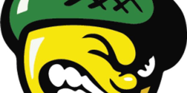 A yellow acorn character wearing a green hat with a determined expression.