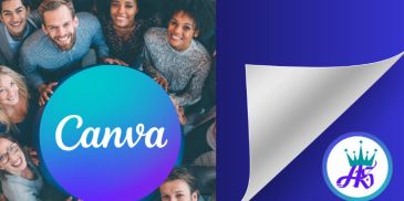 Group of diverse people smiling around a Canva logo.