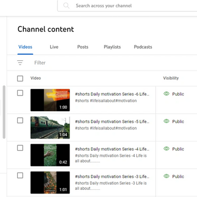 YouTube channel content page showing motivational shorts with public visibility.