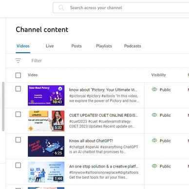 YouTube channel content page showing videos with titles and visibility status.