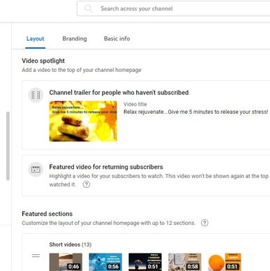 YouTube channel layout settings showing video spotlight options.