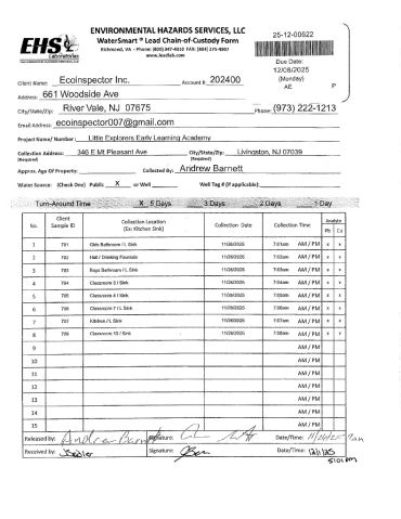 WaterSmart Lead Chain-of-Custody form filled for Little Explorers Early Learning Academy.