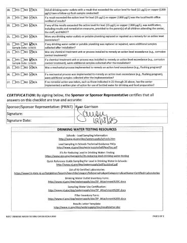 A detailed water quality checklist and certification form for lead testing in drinking water.