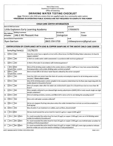 A completed New Jersey child care center drinking water testing checklist.