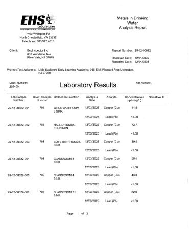 Laboratory report showing metals in drinking water analysis.