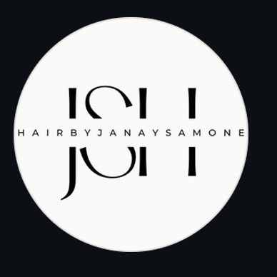 Black and white logo for Hair by Janaya Samone featuring stylized initials.