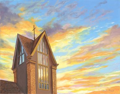 Sunset-lit church tower with large stained-glass windows and a cross.