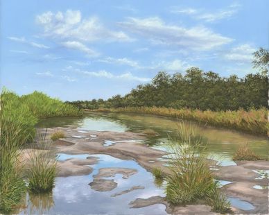 A peaceful river with green shrubs and blue sky.