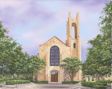 A serene church with a tall bell tower surrounded by trees under a pastel sky.