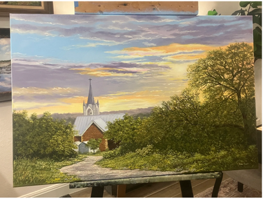A serene landscape painting featuring a church at sunset with trees and a winding path.