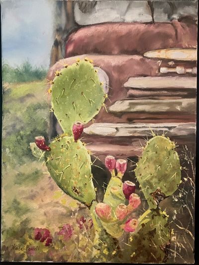Painting of a cactus with red flowers in front of a vintage car.