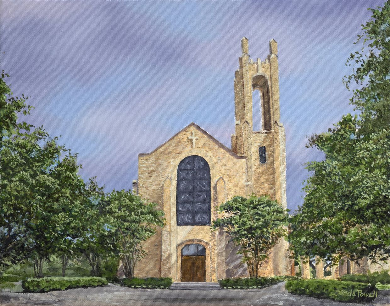 Painting of a stone church with a tall bell tower and surrounding trees.