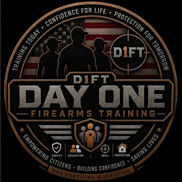 Logo for Day One Firearms Training featuring silhouettes and patriotic elements.