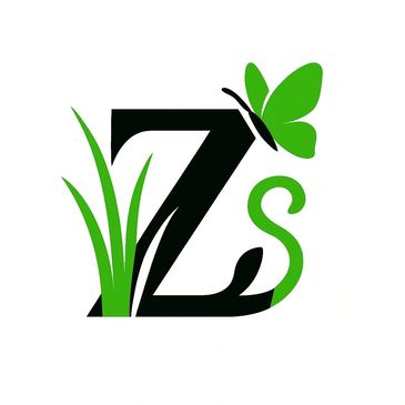 Stylized letter Z with green grass and butterfly design elements.