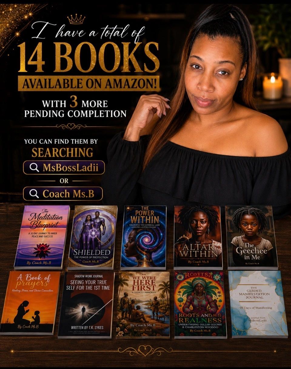 Woman promoting 14 books available on Amazon by searching MsBossLadii or Coach Ms.B.