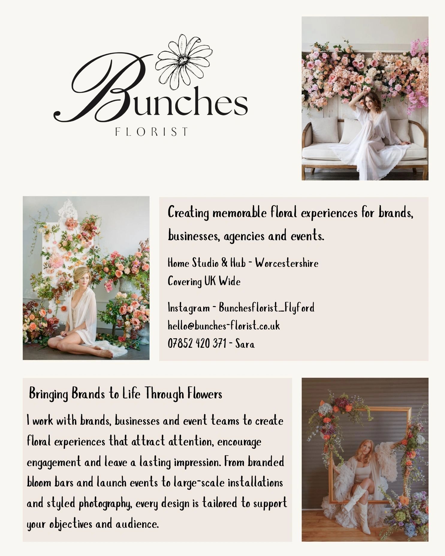 Bunches Florist branding with floral designs and contact info.