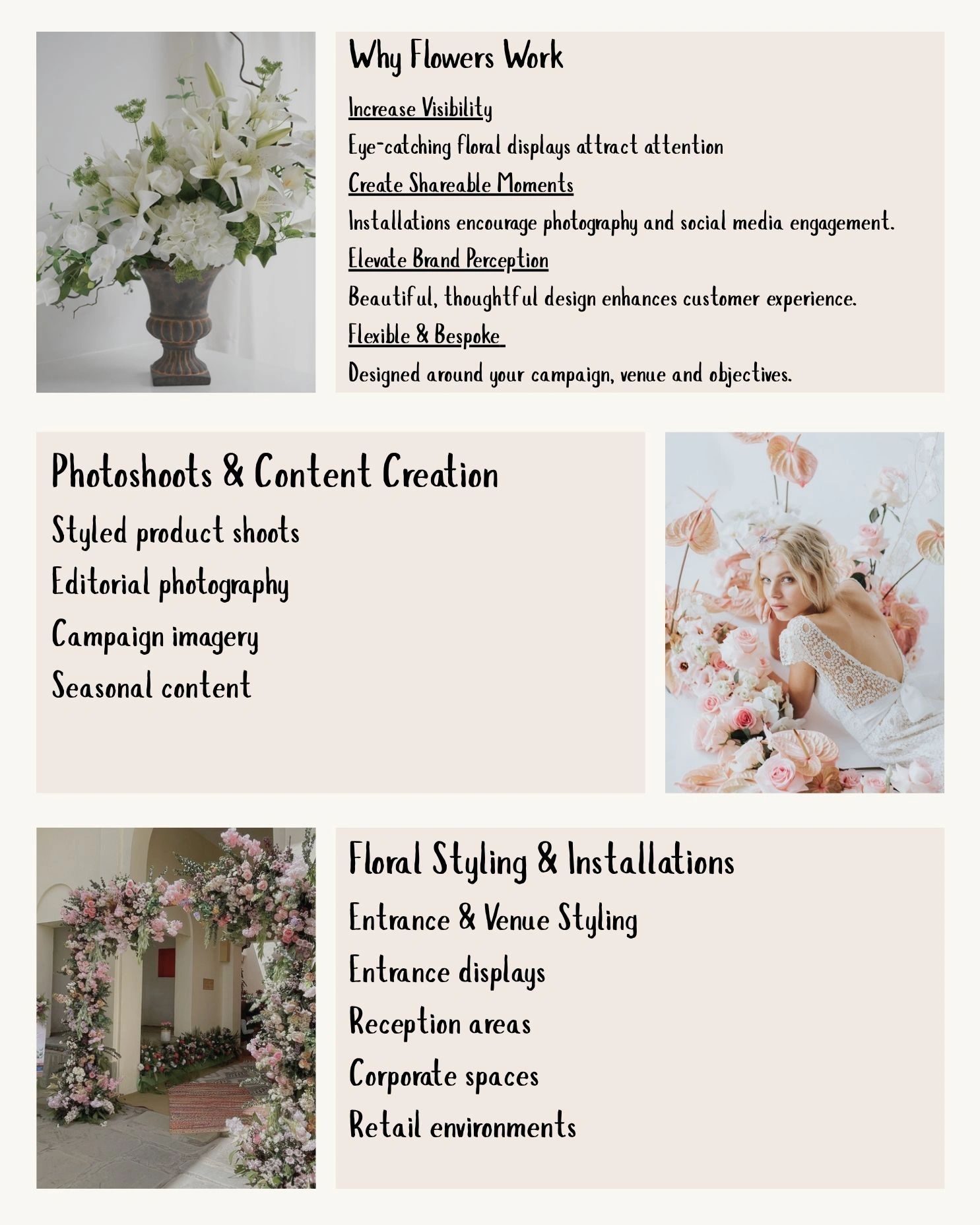 Floral services overview with photoshoots, styling, and installations.