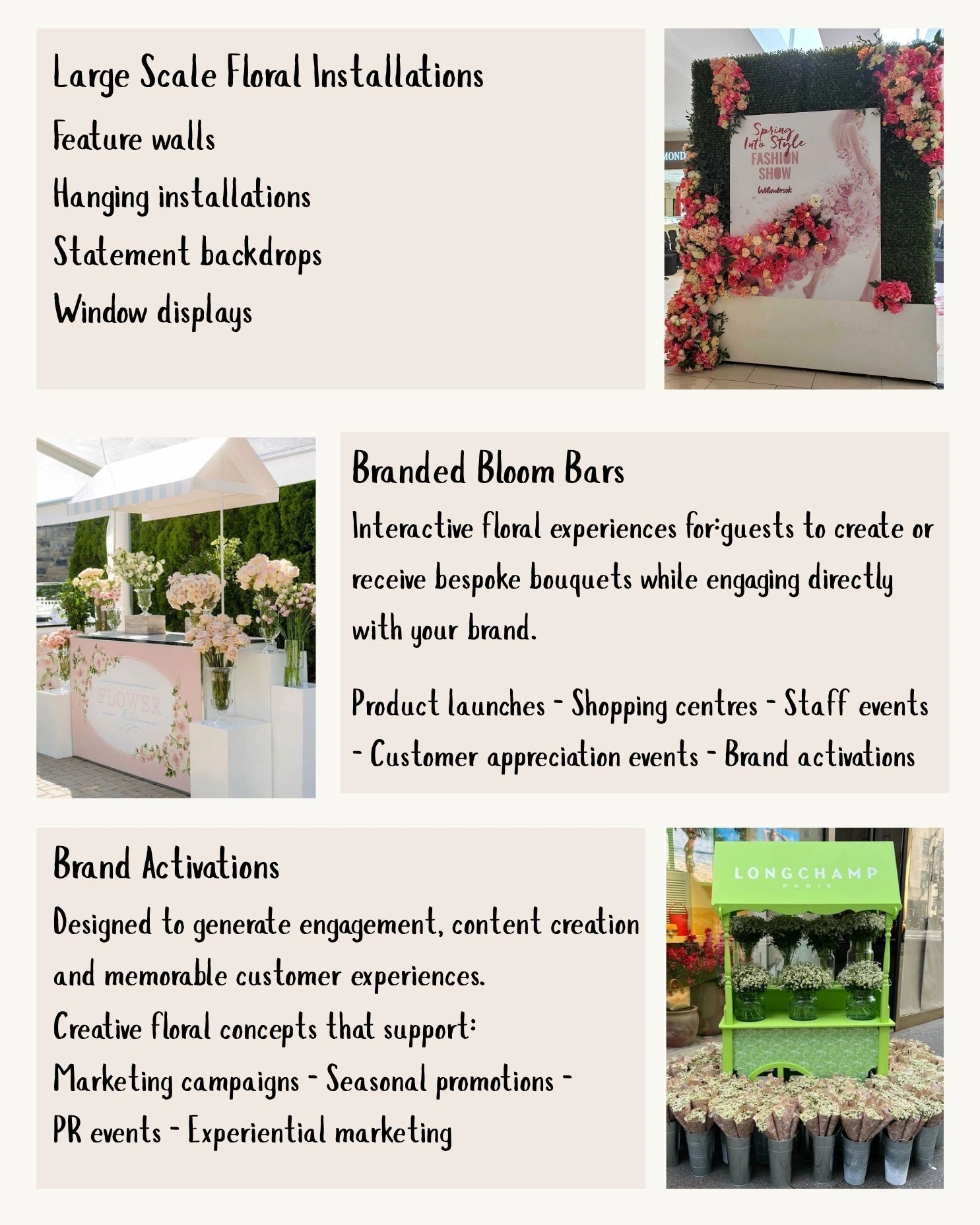 Floral installations and branded bloom bars for events and marketing.