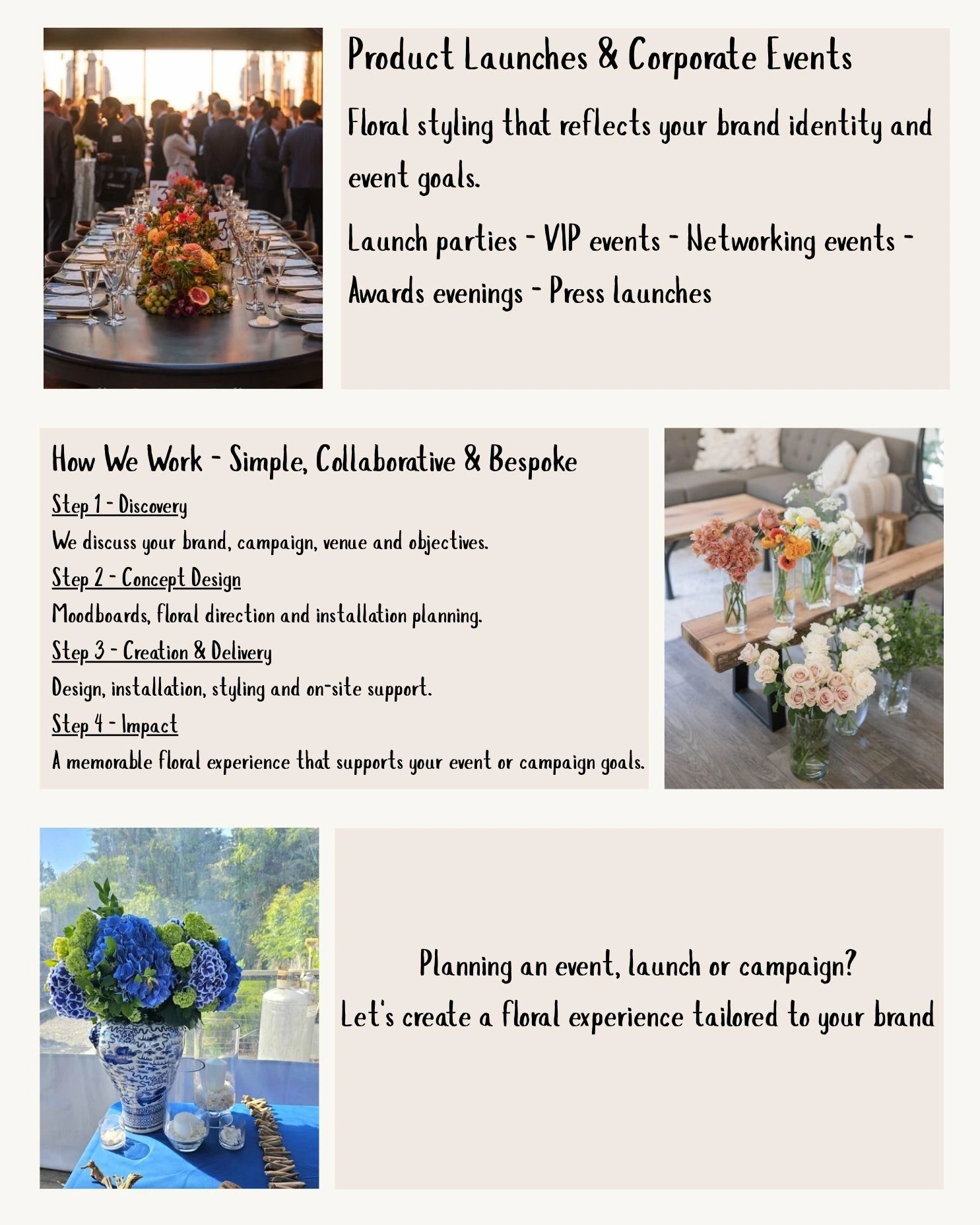 Floral styling for product launches and corporate events.