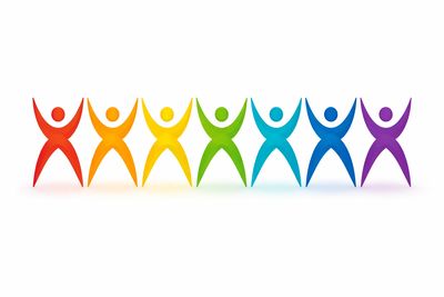 Seven colorful human figures holding hands in a rainbow pattern.