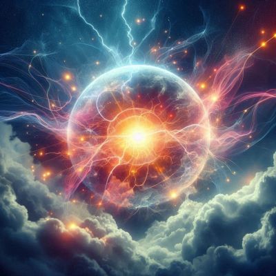 A glowing orb with electric and cosmic energy above clouds.