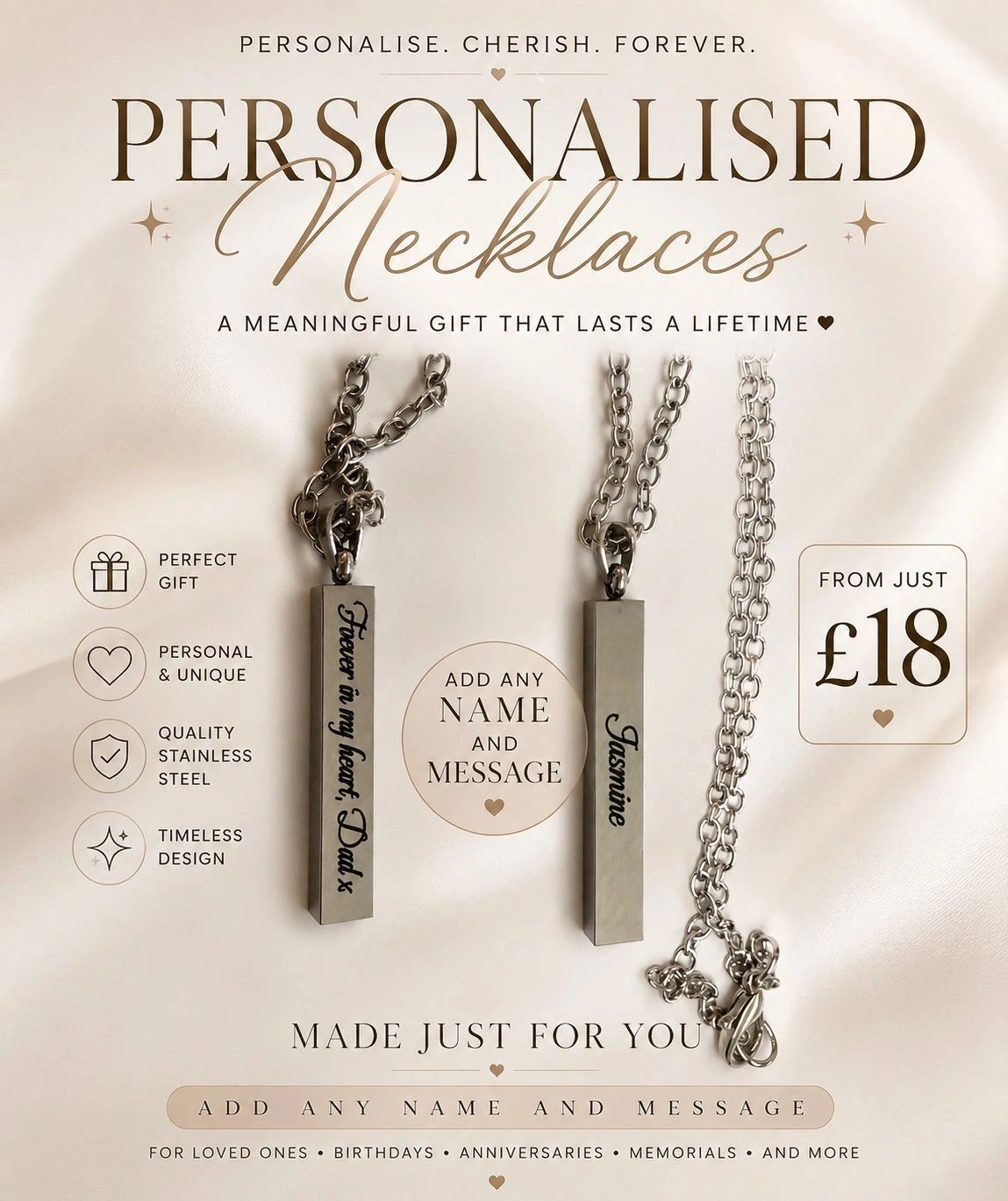 Personalised stainless steel necklaces with custom names and messages, perfect for meaningful gifts from £18.