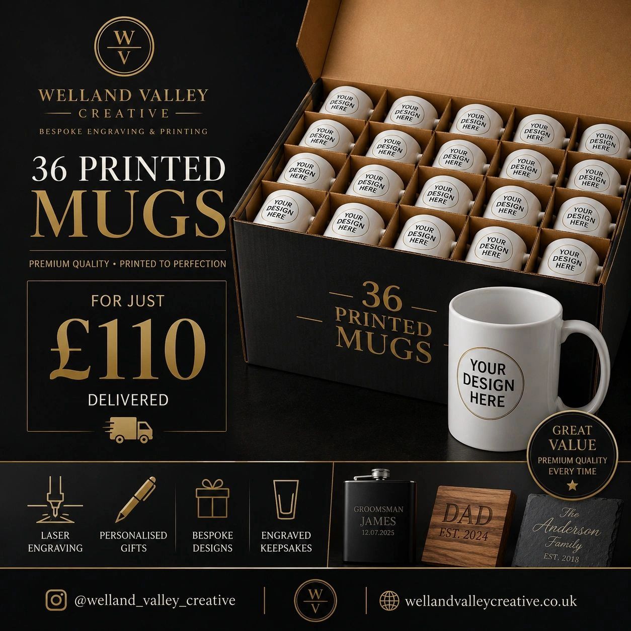 Box of 36 customizable printed mugs for £110 with premium quality and bespoke engraving.