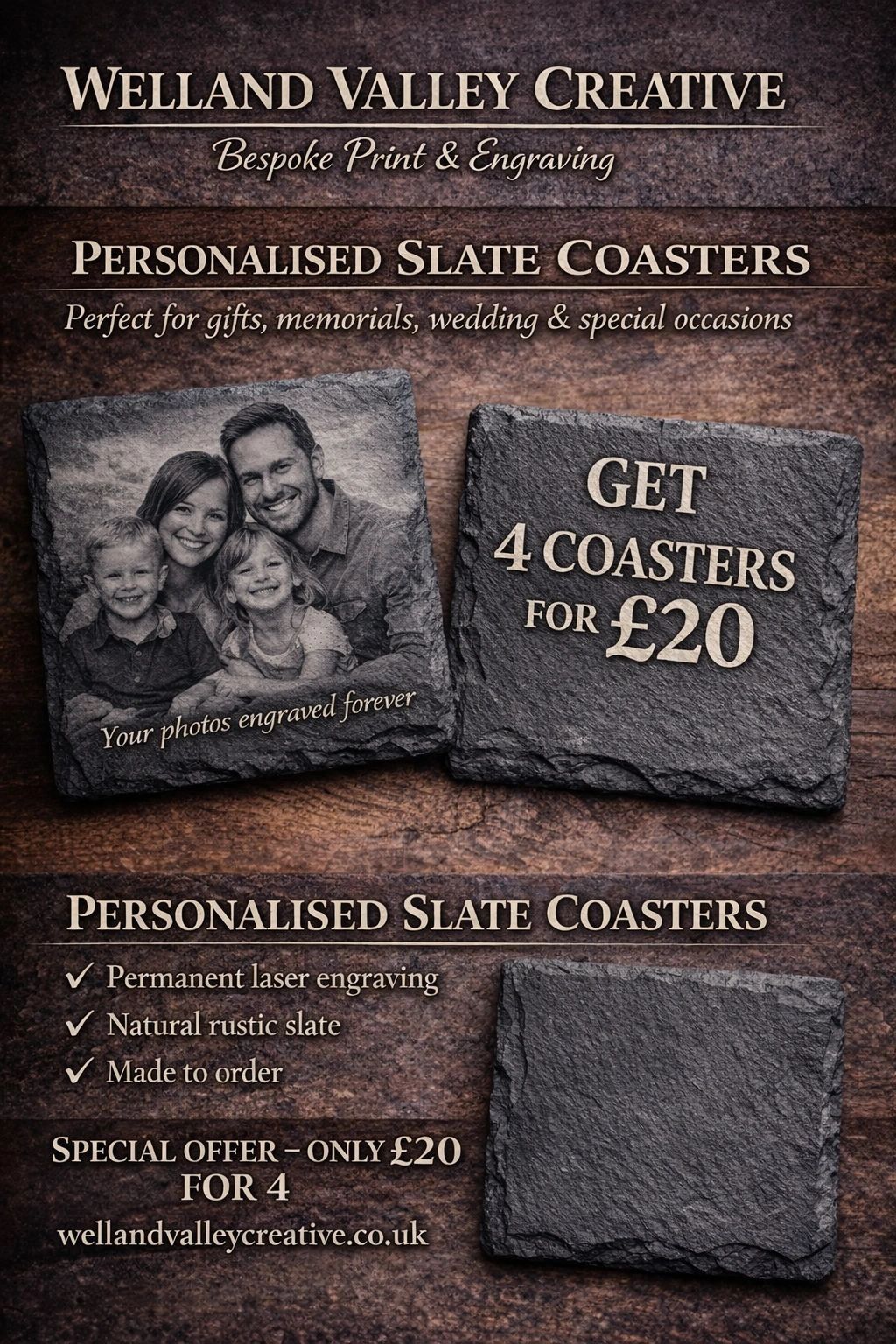 Personalised slate coasters with custom photo engraving, special offer 4 for £20.