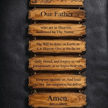 Wooden plaques display the Lord's Prayer on a dark background.