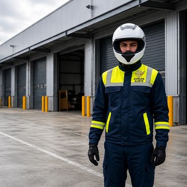 A worker in safety gear stands outside an industrial warehouse.