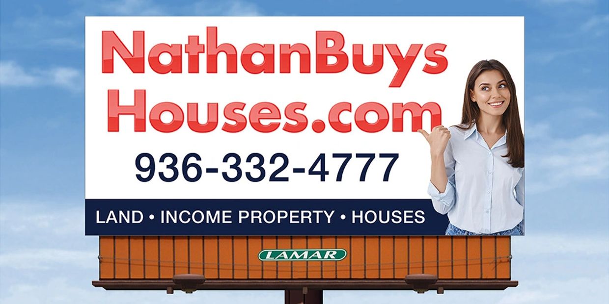 Billboard advertising NathanBuysHouses.com with phone number and services.