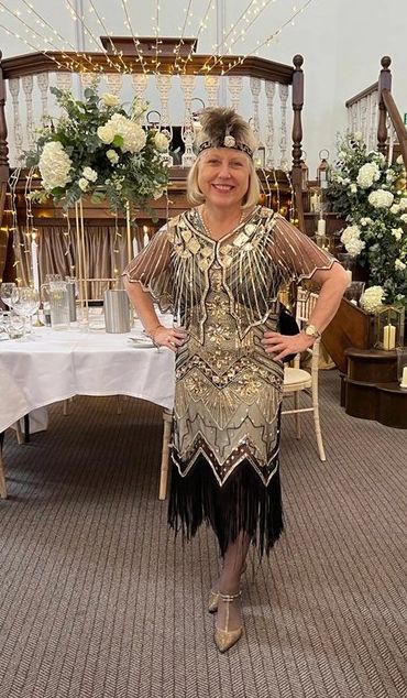 1920s sophisticated gold sequinned dress  Great Gatsby Flapper Uckfield hire French's Fancy Dress 