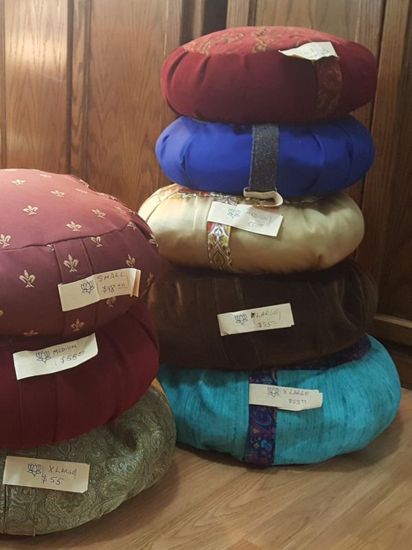 Stack of zafus, from XSmall to XLarge in upholstery brocades and decorator fabrics