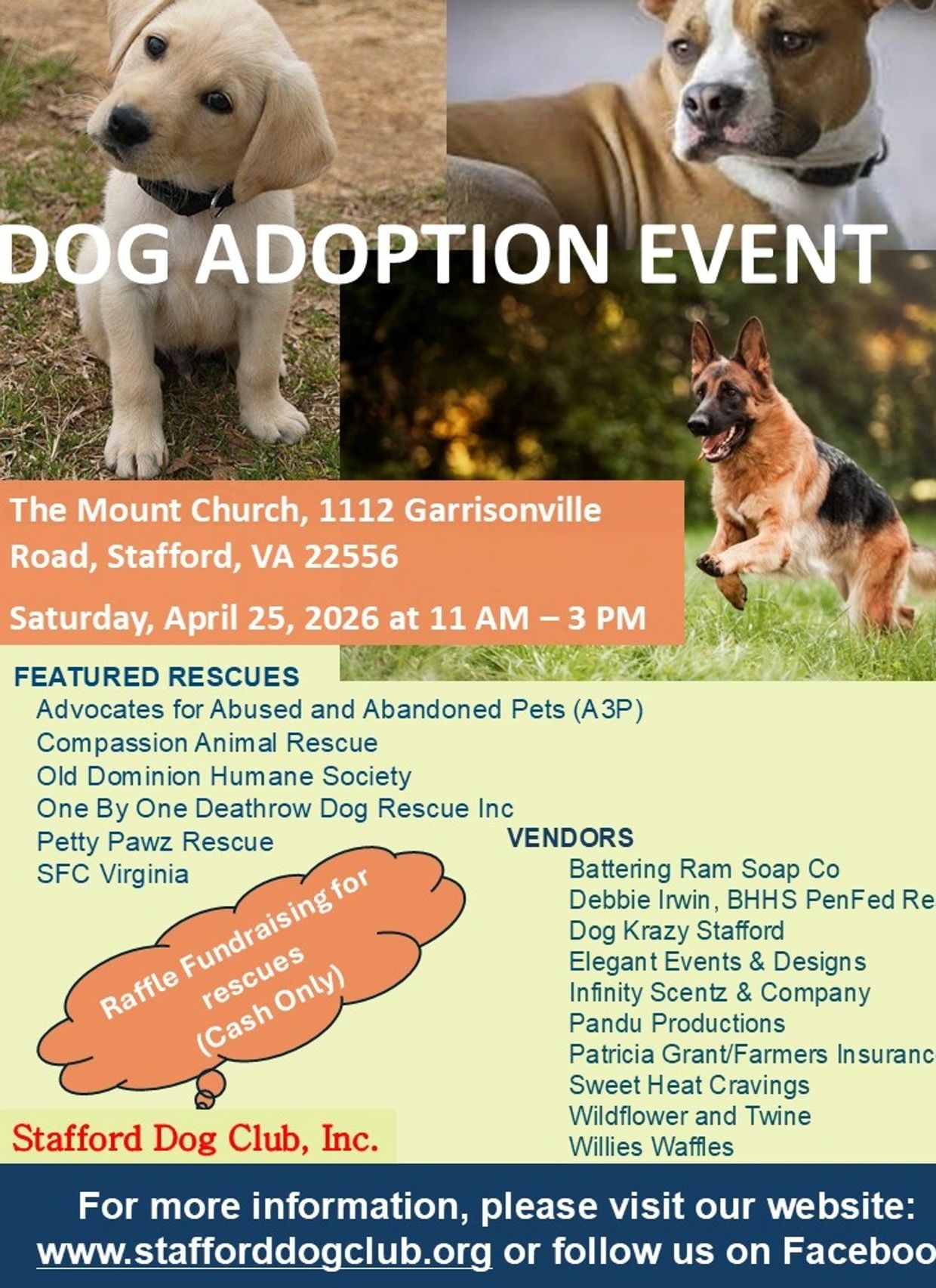 Dog adoption event on April 25, 2026, at The Mount Church, Stafford, VA.