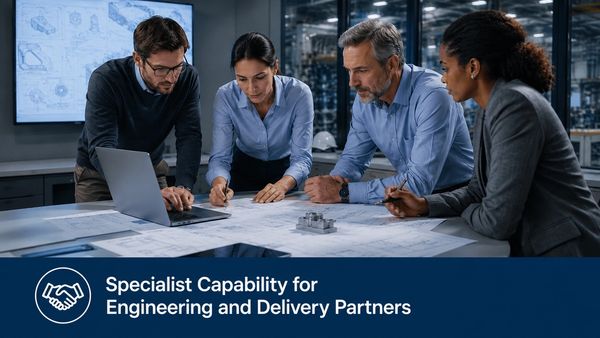 Team collaborates on engineering plans in a modern workspace.
