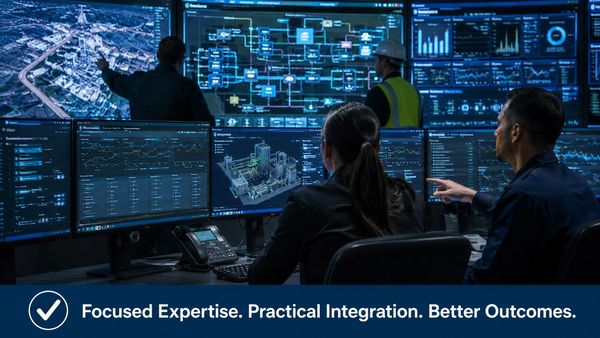 Team analyzing complex data on multiple screens in a high-tech control room.