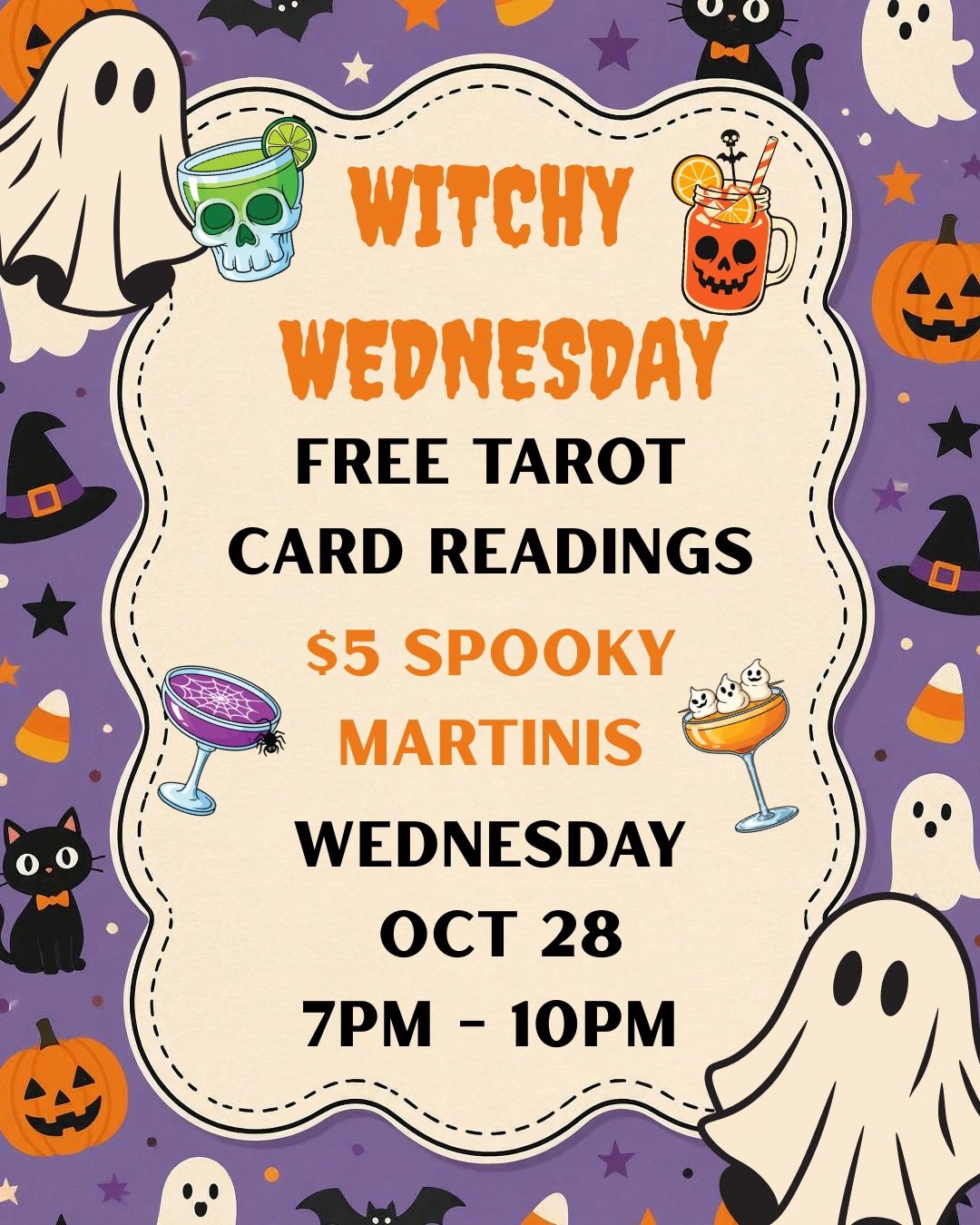 Halloween-themed Witchy Wednesday event poster with free tarot readings and $5 spooky martinis.