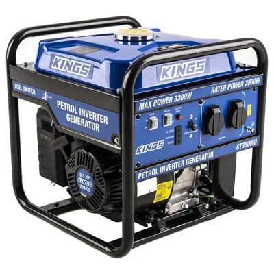 Blue petrol inverter generator with black frame.