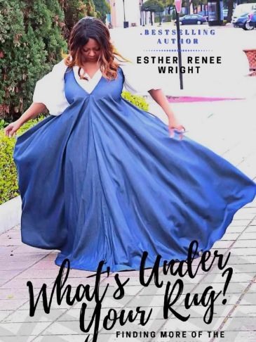 Woman in blue dress spreading her skirt on a book cover.