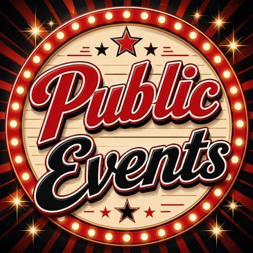 Retro style Public Events sign with lights and stars.
