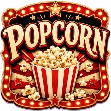 Colorful retro popcorn sign with striped bucket.