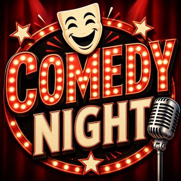 Comedy Night sign with microphone and smiley mask.