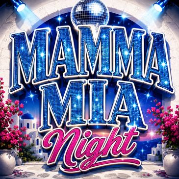 Mamma Mia Night event poster with disco ball.