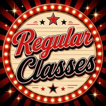 Retro sign saying 'Regular Classes' with stars and lights.