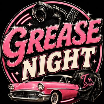 Retro-style Grease Night graphic with a pink car and leather jacket.