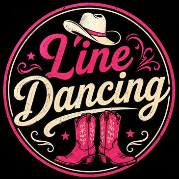 Line dancing logo with cowboy boots and hat.